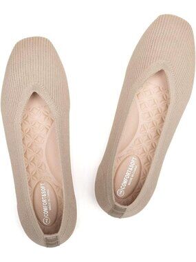 🆕 Women's Apricot Knit Square Toe Ballet Flats Comfort Casual Slip On Shoes